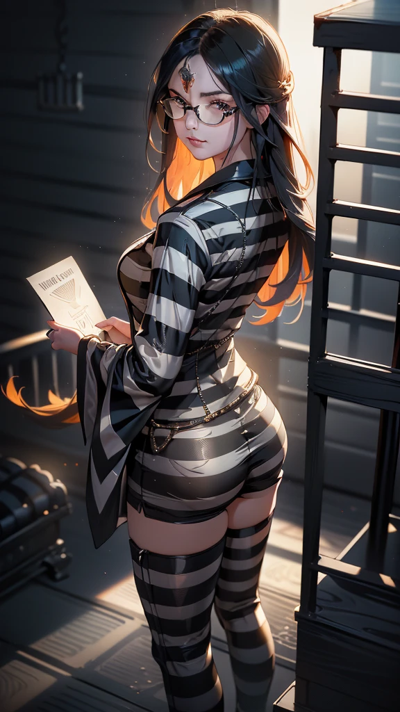 (REAR VIEW, rear view),(work of art:1.3), ((best qualityer:1.3), I am not, 1 girl, Polarized glasses, older, shorth hair, , collared, mole above mouth, oculos de sol, large older, ((Clothes Envelope)), ((striped clothes)), captive, chemise, longsleeve, Stripescaptivelongsleeve, trunk, manacles, Black and white lines, (Prison bars background :1.4), (iron groceries),( Showing black underwear),( swirly vibrant colors), (captive:1.4 ), (Exquisite face :1.4)