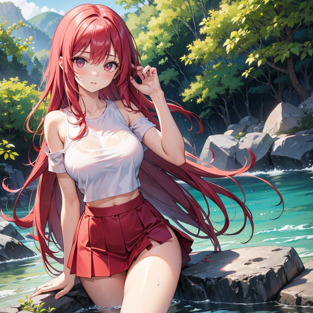 A girl with a slim body , big breasts and very big hips, some muscles in the abdomen, rectangular cat eyes, red eyes , detailed eyes,long hair reddish pink hair and a strand of water green bangs , a white t-shirt with uncovered shoulders , wet t-shirt , black mini skirt 