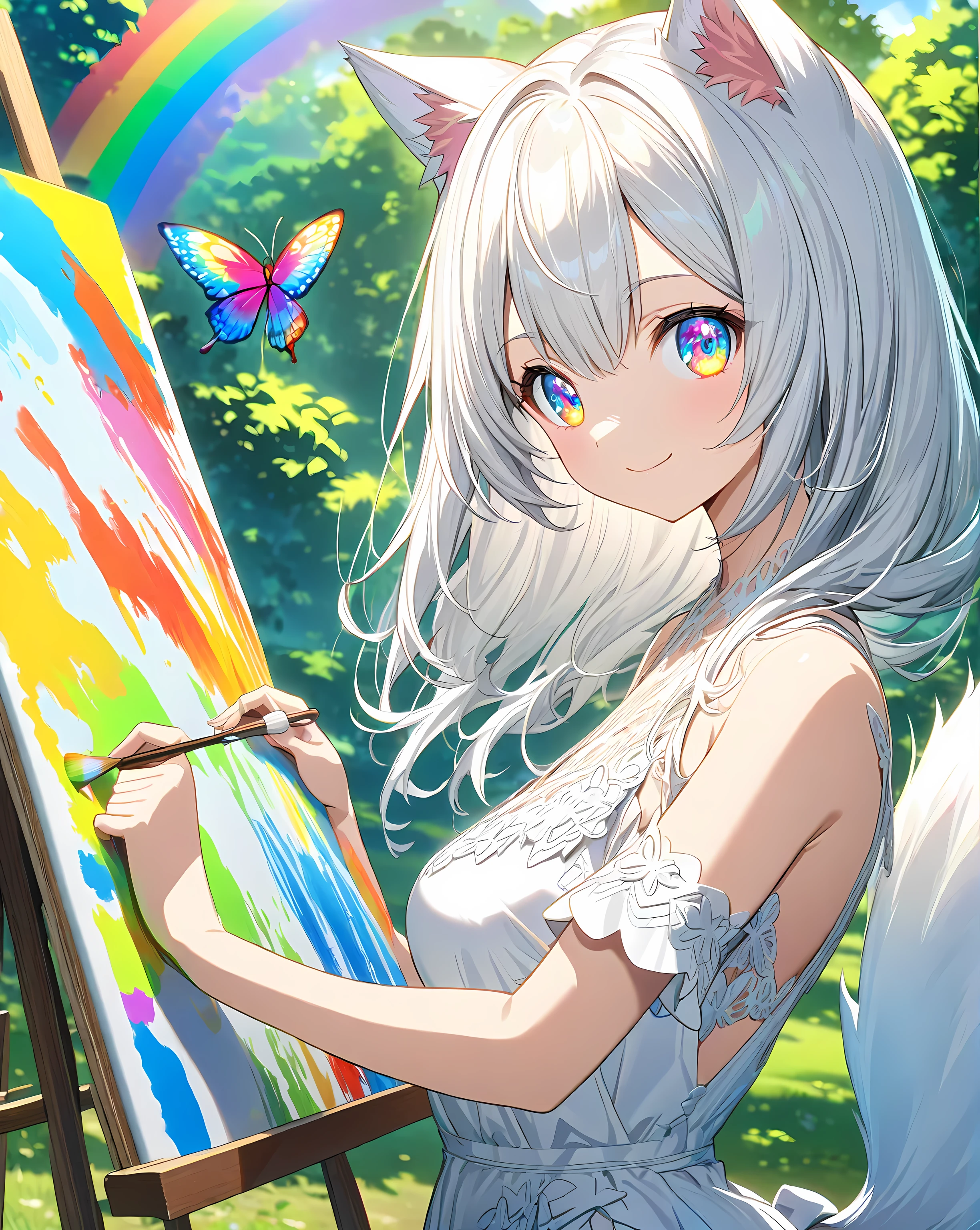 1girl that is painting a butterfly on the canvas. She's a very talented artist. Focus on her that is painting.
1catgirl, cat ears, (white long hair)) , detailed rainbow eyes, intricate cool white dress. Bare shoulders, white skirt Ruffled . Portrait. Medium breast. Super detailed. Perfect anime rainbow eyes.
Natural pose. She's smiling , she's Smart . White fox tail. She's Painting a butterfly on the canvas . Artist's sprout with partially painted butterfly on the canvas. He is painting outdoors, anime scenery. Uncomplete drawing on the canvass. Artist pose. She hold a Brush and color palette. She's looking back at the viewer smiling while paining.
Accent colors on the canvas and eyes.