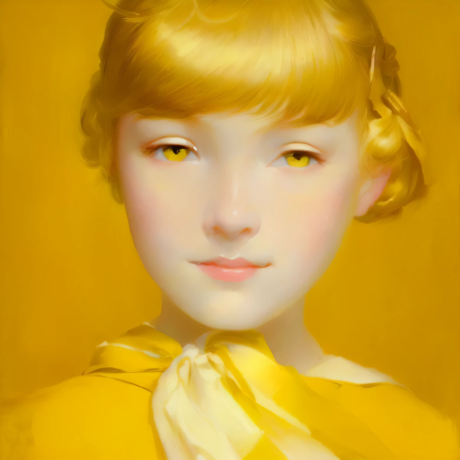 painting of a young girl with a yellow background and a white scarf, john currin, yanjun chengt, inspired by Helene Schjerfbeck, beautiful character painting, by Yamagata Hiro, inspired by Albert Anker, blonde boy with yellow eyes, realistic cute girl painting, liepke, portrait young girl, girl with white eyes