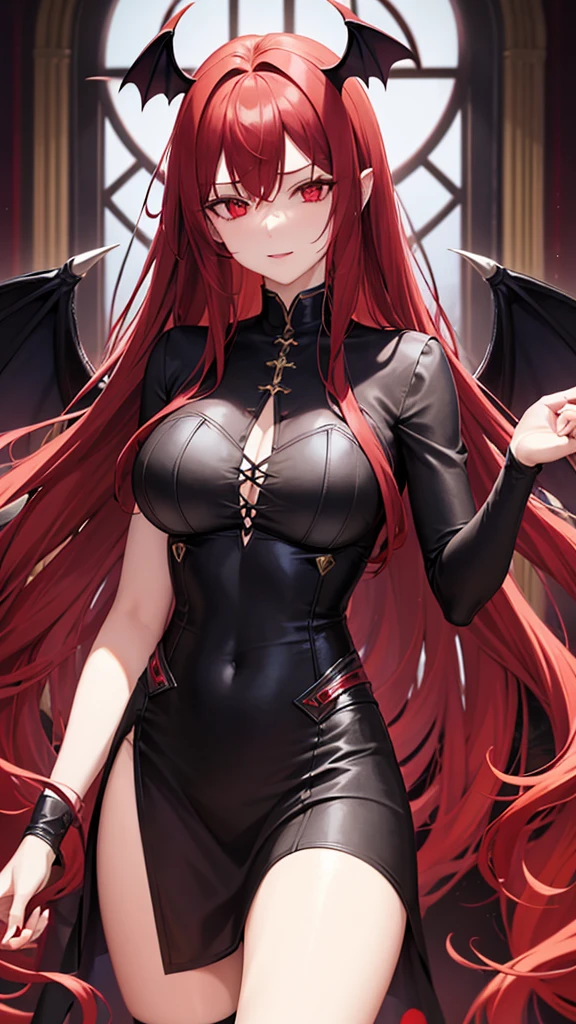 sexy adult woman, devil, medium long little wavy reddish hair, shiny hair, red reptilian eyes, black thin horns, black dress, ancient clothing, semi short with straps and small window on the chest , semi-ripped clothing on the skirt, clear skin, demon queen with black and red crown, bat wings spread, walking