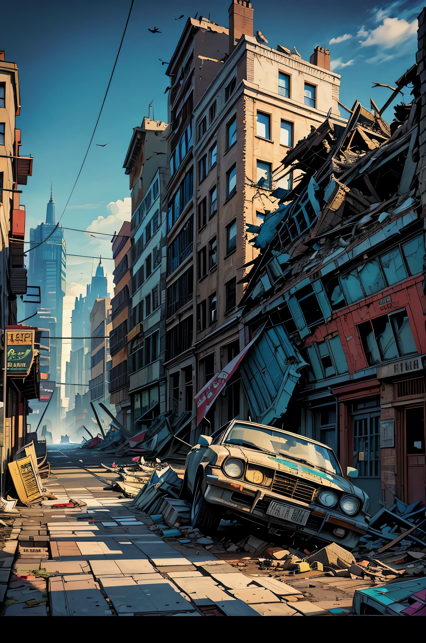 Scenario, best qualityer, destroyed city, fallen buildings, comic book image style, Marvel comics, street with debris and buildings, lampposts, overturned and dented cars