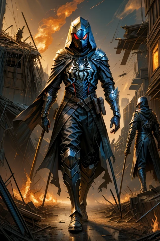 (work of art, best qualityer),  details Intricate,
1 men, arm spider verses, spider costume, suit, armors, hooded cloak, helmet, spider web print costume, knightgirl, walking sticks, small town, battle, fire, wreckage,  standing alone, apocalyptic background 