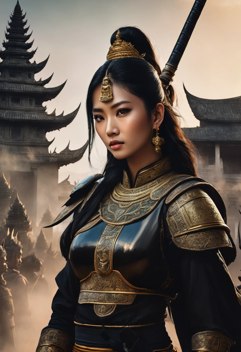 A vertical photo of a Thai female general with black hair and brown eyes. She has yantra tattoos on her arms and wears dark black armor. She is holding a decorated Thai sword in its scabbard. She is riding a black horse, followed by an army in black armor on black horses. The background features ancient ruins and smoke, with a flock of crows in the sky. The mood of the image is full of strength and intensity.