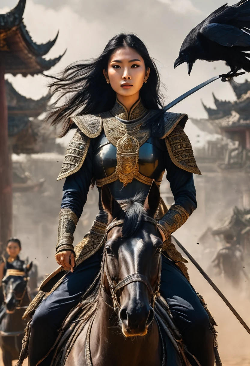 A vertical photo of a Thai female general with black hair and brown eyes. She has yantra tattoos on her arms and wears dark black armor. She is holding a decorated Thai sword in its scabbard. She is riding a black horse, followed by an army in black armor on black horses. The background features ancient ruins and smoke, with a flock of crows in the sky. The mood of the image is full of strength and intensity.
