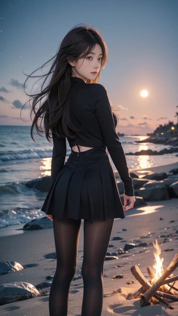 ulzzang-6500-v1.1, (RAW photo: 1.2), (Real photo), (Real photo: 1.4), 1 girl、Perfect anatomy、20 years old、Looking at the camera、((from behind)), Medium length hair、dress, skirt, Dancing by the campfire on the beach at night, with moon and stars, ((by the beach at night: 1.1))、(Hyperrealistic tights: 1.2), (Business service)、Asian eyes Ella,