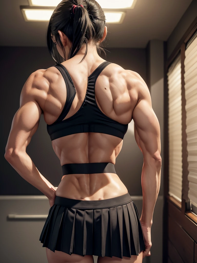 Very short Japanese yandere girl, detailed face and eyes, looking at viewer, masterpiece, best quality, shallow depth of field, 8K HDR, huge breasts, 85mm photo, shallow depth of field, tack sharp, 18 years old, pig tails hairstyle, black hair, blue eye, short 4’8” height, (wearing sports bra and pleated skirt:1.4), (dark lighting:1.1), (Dragon tattoo on back) very large perky breast, (narrow hips:1.5), broad shoulders, (muscular back:1.9), washboard abs, muscular ass, gymnast physique, muscular legs, gorgeous, standing in changing room, wearing make up