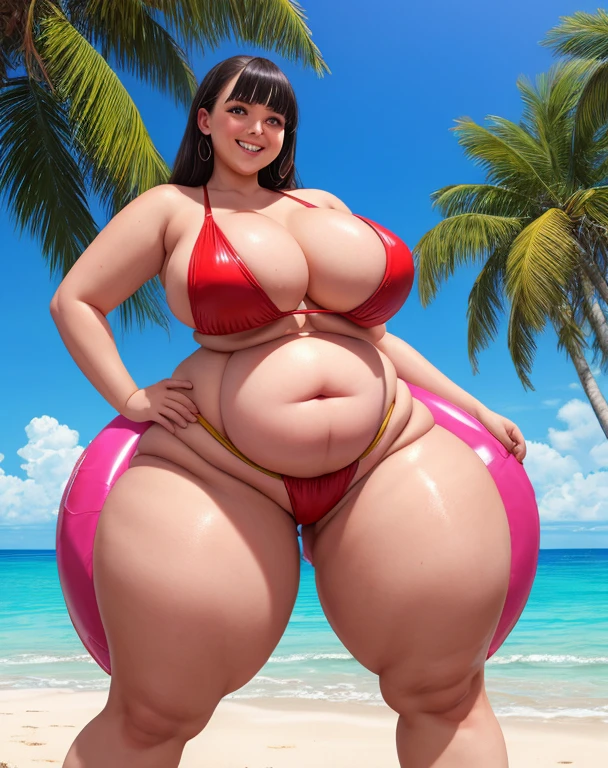 (masterpiece, best quality, high resolution), detailed skin, 1girl, solo, ssbbw, big belly, wide hips, thick thighs, latex swimsuit, tropical beach, hands on her hips, smiling, , she is massively heavily bloated from coconut milk, she looks like a round cartoonish balloon