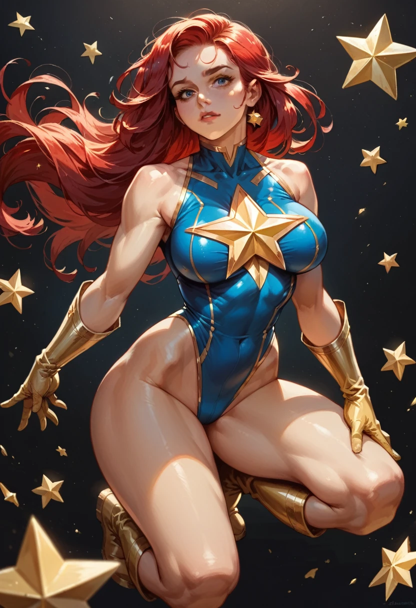 masterpiece, Sexy, Superheroine, Red hair, long hair, busty, ((blue highleg leotard with a t-back thong and a gold star insignia on chest)), gold boots, gold gloves,