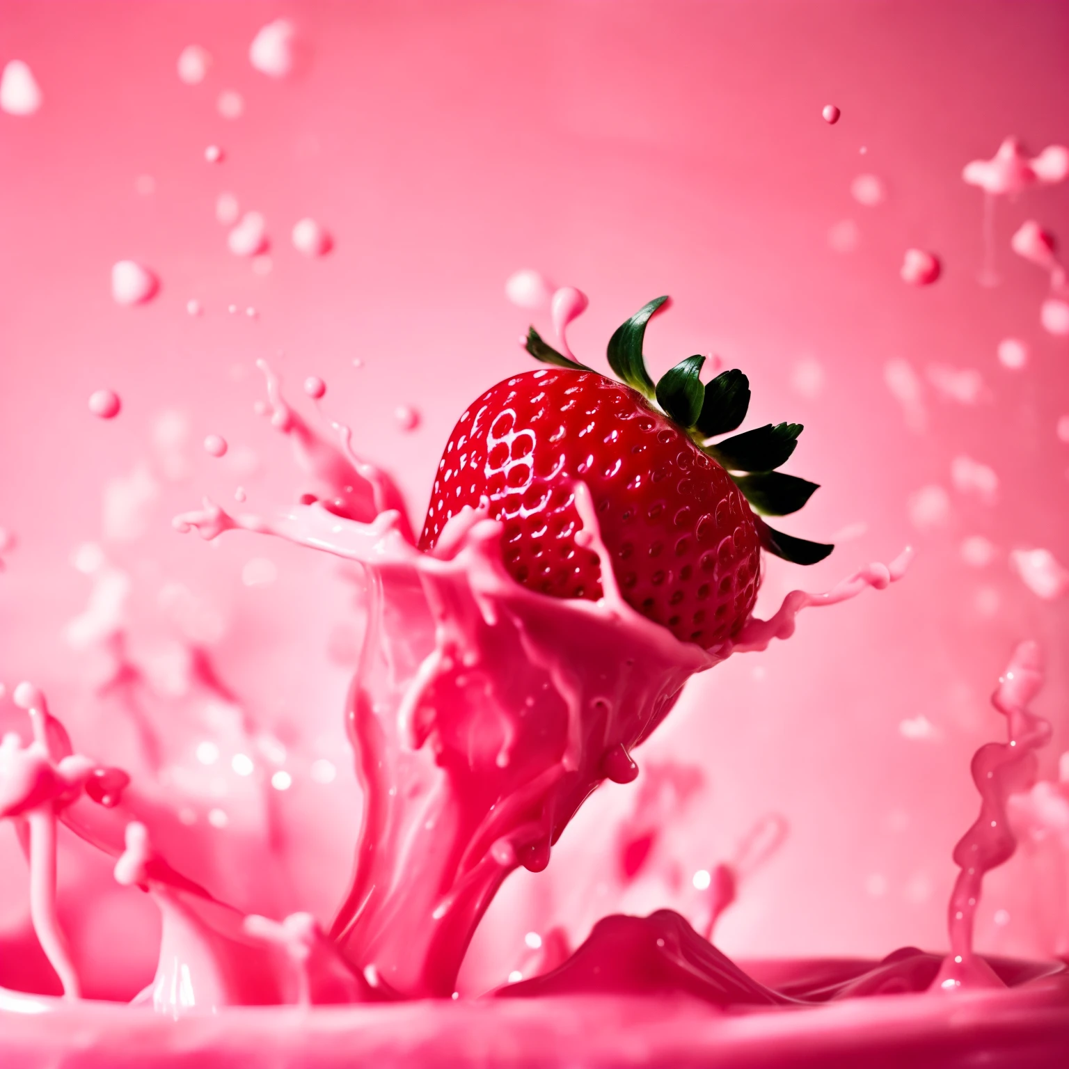 a strawberry is falling into a pink liquid, milk bath photography, strawberry, slow - mo high speed photography, flowing milk, realistic jelly splashes, super high speed photography, berries dripping juice, fight with strawberries, strawberry granules, inspired by Alberto Seveso, berries dripping, high speed photography, award winning macro photography, culinary art photography, splash image