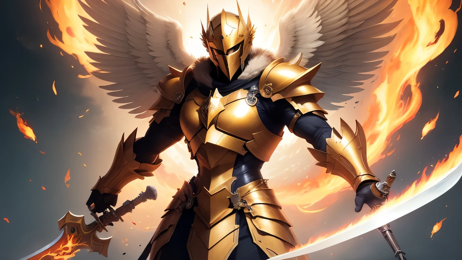 ((best quality)), ((masterpiece)), (detailed), giant archangel warrior male with 6 wings, a long sword in fire, golden knight helmet,golden armor