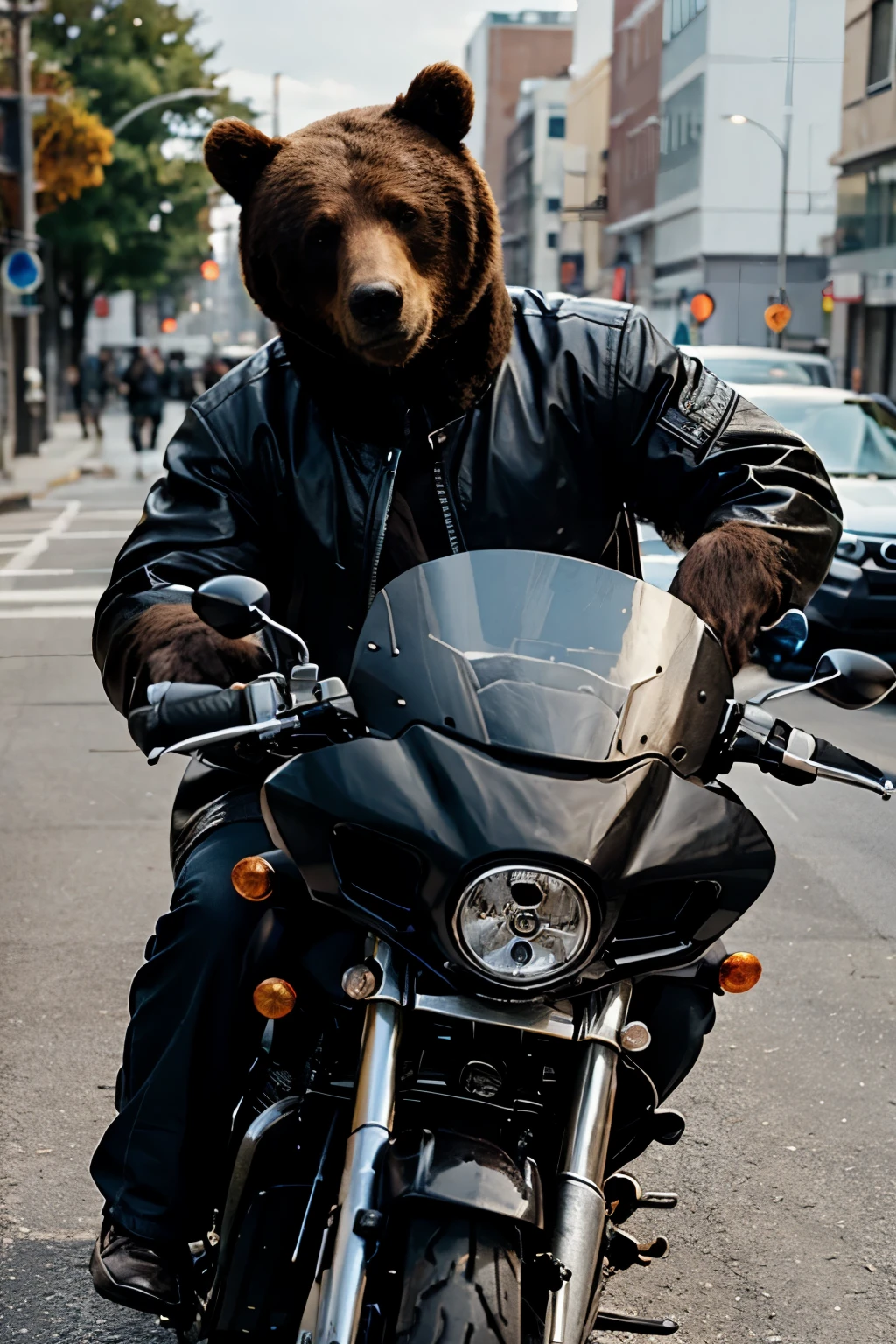 bear with jacket on motorcycle
