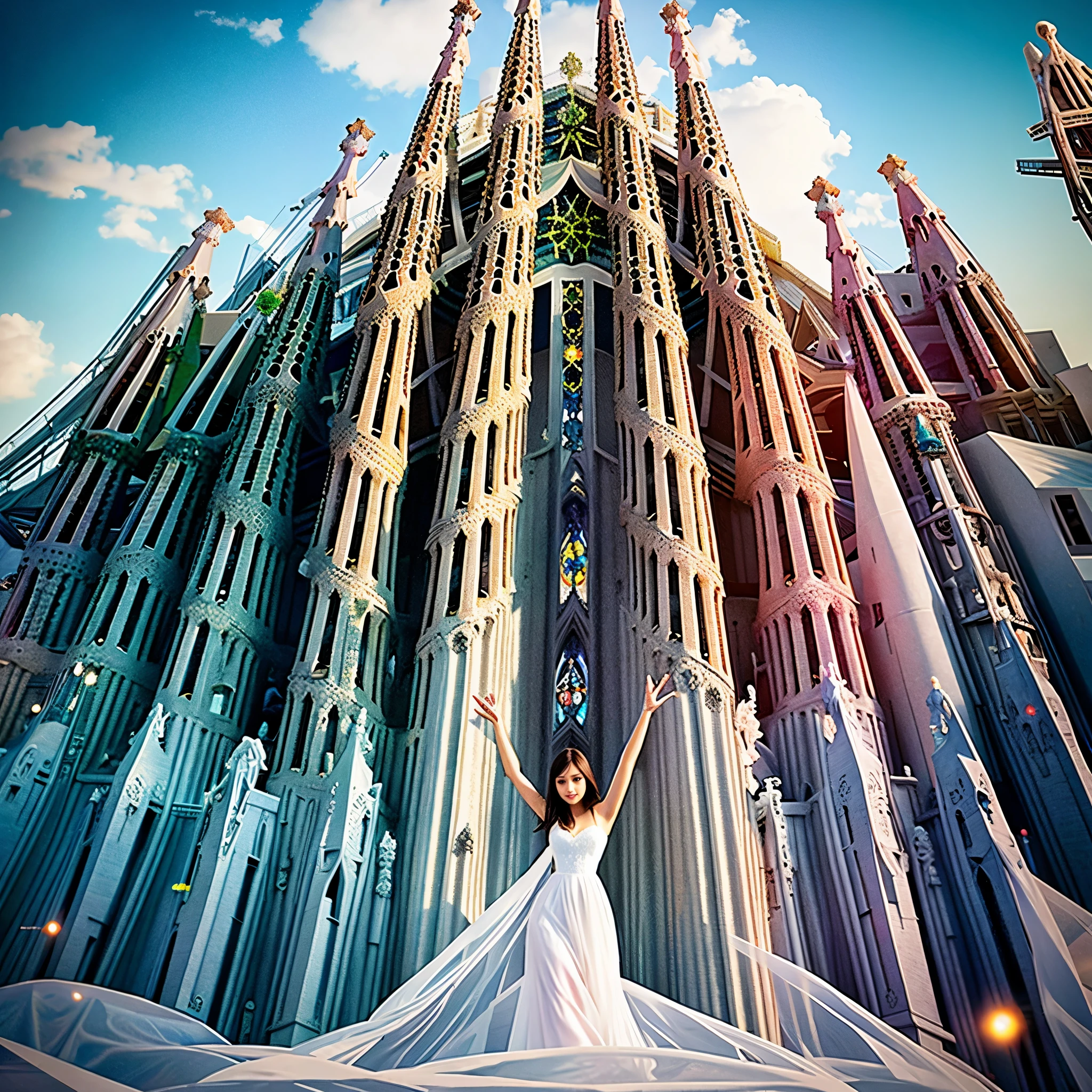 ((Aerial view)), blue sky, evening light, (Sagrada Familia complex of buildings:1.4), ((young Beautiful woman is dancing in the Air)), she wears long white thin silk dress, skin exposure is minimum, her beautiful and cute face, wide angle lens f/2.8, ultra insane high resolution intricate textures, texture indentation, perfect perspective, perfect geometry, the solar system in another dimension, other worlds, fire all around, celestial singularity, energy fields, gloomy image, luminism, ultra detailed busy background, tessellation, maximalism, perfectionism, IPA Award wining masterpiece