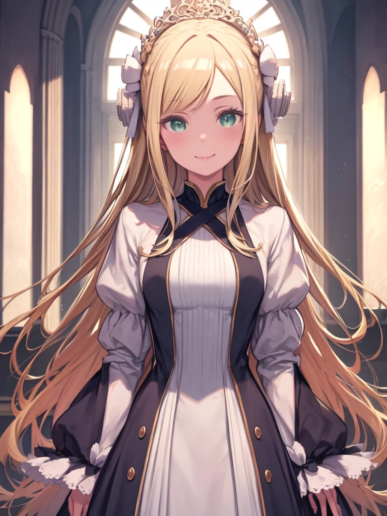 masterpiece, The finer details, 4K, 8k, 12k, alone, alone, beautiful girl, White women, blonde, Long Hair, Green Eyes, Aristocratic clothing, smile