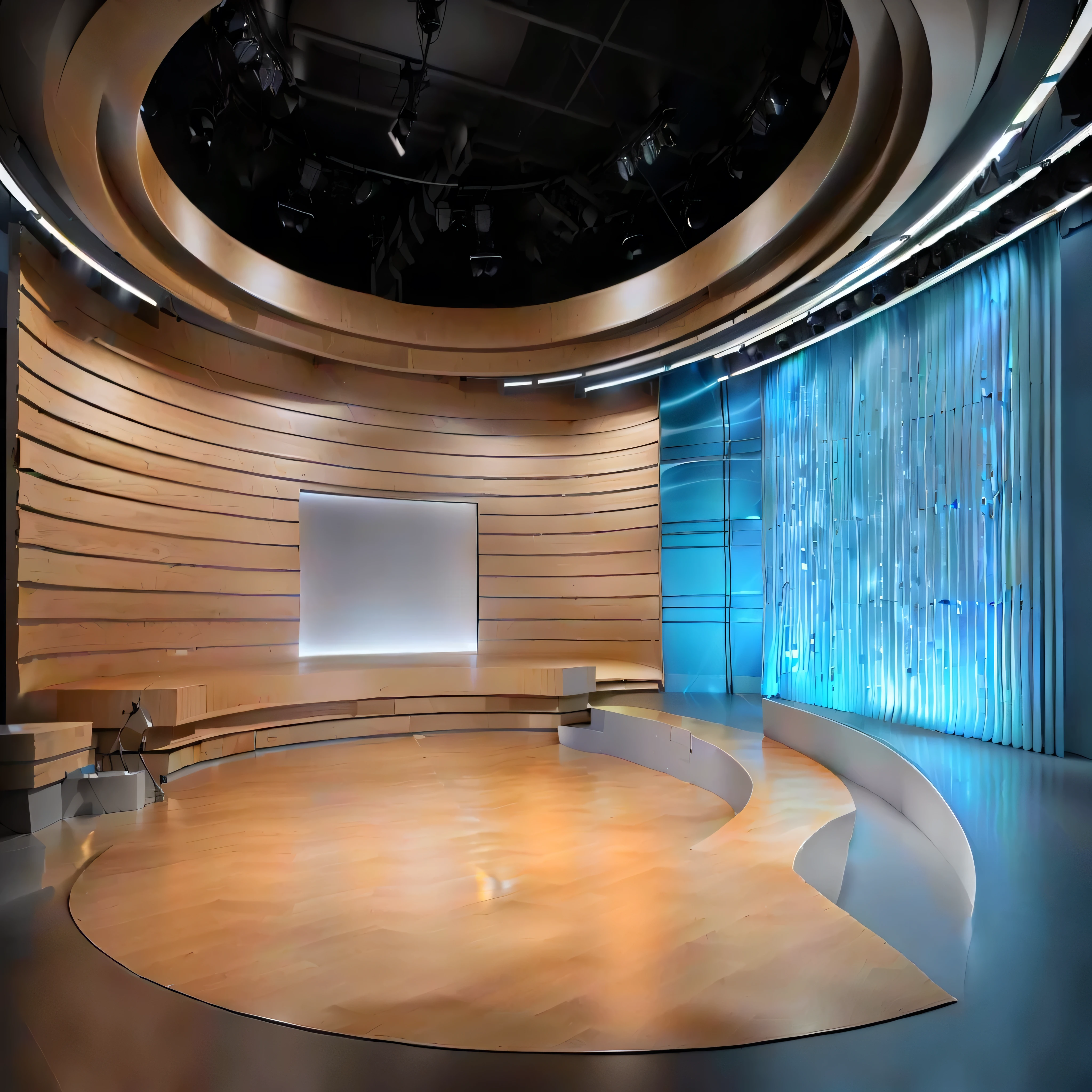 air-conditioned room with curved wall and wooden floor, tv studio, studio background, virtual set, indoors background, studio shot, plain studio background, studio backdrop, studio 4 k, 4k studio photo, studio, photo studio background, hyperrealistic lighting studio, 3D rendering”, professional studio, volumetric studio lighting, realistic studio photo, white studio background sem marca d,water, not format 16:9.