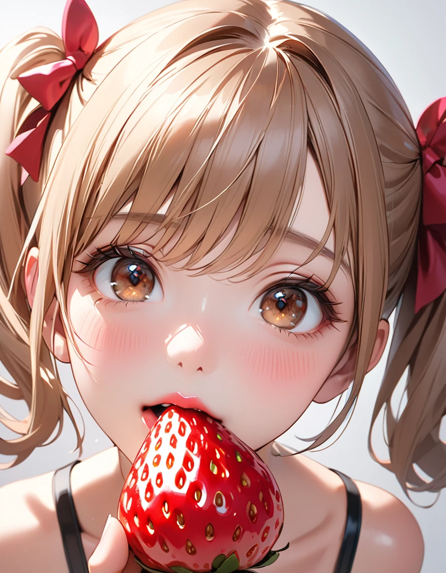 Highest quality, masterpiece, Ultra-high resolution, Realistic:1.2, RAW Photos, Intricate details, Portraiture, Big beautiful brown eyes:1.2, Perfect contours, Perfect proportions:1.2, One Girl, break ((Close-up of the mouth:1.2, from above:1.2, (front shot:1.2), (looking up:1.2))), ((petite, short, tiny girl:1.2)), Light Brown Hair、((twintails:1.2)), (makeup:1.2, full lips:1.3, pink lips:1.3, shiny lips:1.3), (Trying to eat a strawberry:1.2、kiss a strawberry), (Hold a strawberry in front of your mouth:1.2), (High-end sleeveless shirt:1.2, Tight Skirt:1.2), break (Close one eye、Embarrassed look:1.2)、((small smile:1.2))、 (Background: Company、A few colleagues)