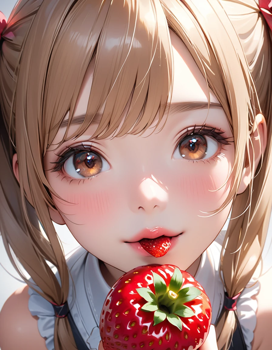 Highest quality, masterpiece, Ultra-high resolution, Realistic:1.2, RAW Photos, Intricate details, Portraiture, Big beautiful brown eyes:1.2, Perfect contours, Perfect proportions:1.2, One Girl, break ((Close-up of the mouth:1.2, from above:1.2, (front shot:1.2), (looking up:1.2))), ((petite, short, tiny girl:1.2)), Light Brown Hair、((twintails:1.2)), (makeup:1.2, full lips:1.3, pink lips:1.3, shiny lips:1.3), (Trying to eat a strawberry:1.2、kiss a strawberry), (Hold a strawberry in front of your mouth:1.2), (High-end sleeveless shirt:1.2, Tight Skirt:1.2), break (Close one eye、Embarrassed look:1.2)、((small smile:1.2))、 (Background: Company、A few colleagues)