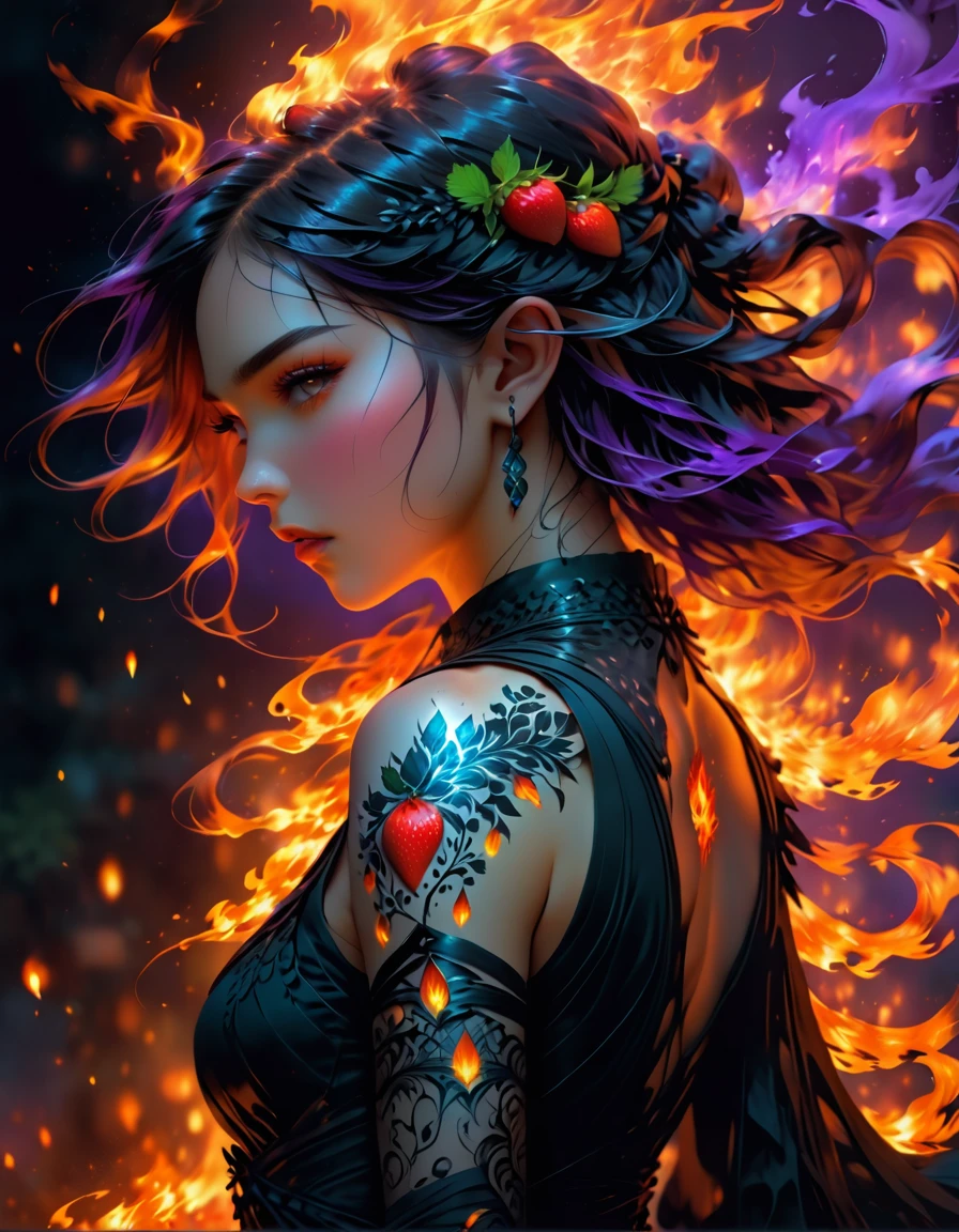 Arafed, Dark fantasy art, fantasy art, goth art, a picture of a tattoo on the back of a female elf, a glowing tattoo of a ((strawberry: 1.3)) on the elf's back, the ((strawberry tattoo)) is vivid, intricate detailed,  GlowingRunesAI_purple, ((fire surrounds the strawberry: 1.5)), shoot taken from the back, ((the back is visible: 1.3), she wears a transparent black dress, the dress is elegant, flowing, elven style, that the tattoos glow, dynamic hair color, dynamic hair style,  vibrant, Ultra-high resolution, High Contrast, (masterpiece:1.5), highest quality, Best aesthetics), best details, best quality, highres, 16k, (ultra detailed: 1.5), masterpiece, best quality, (extremely detailed) RAW, (ultra details, Masterpiece, best quality) faize, Digital Painting, 