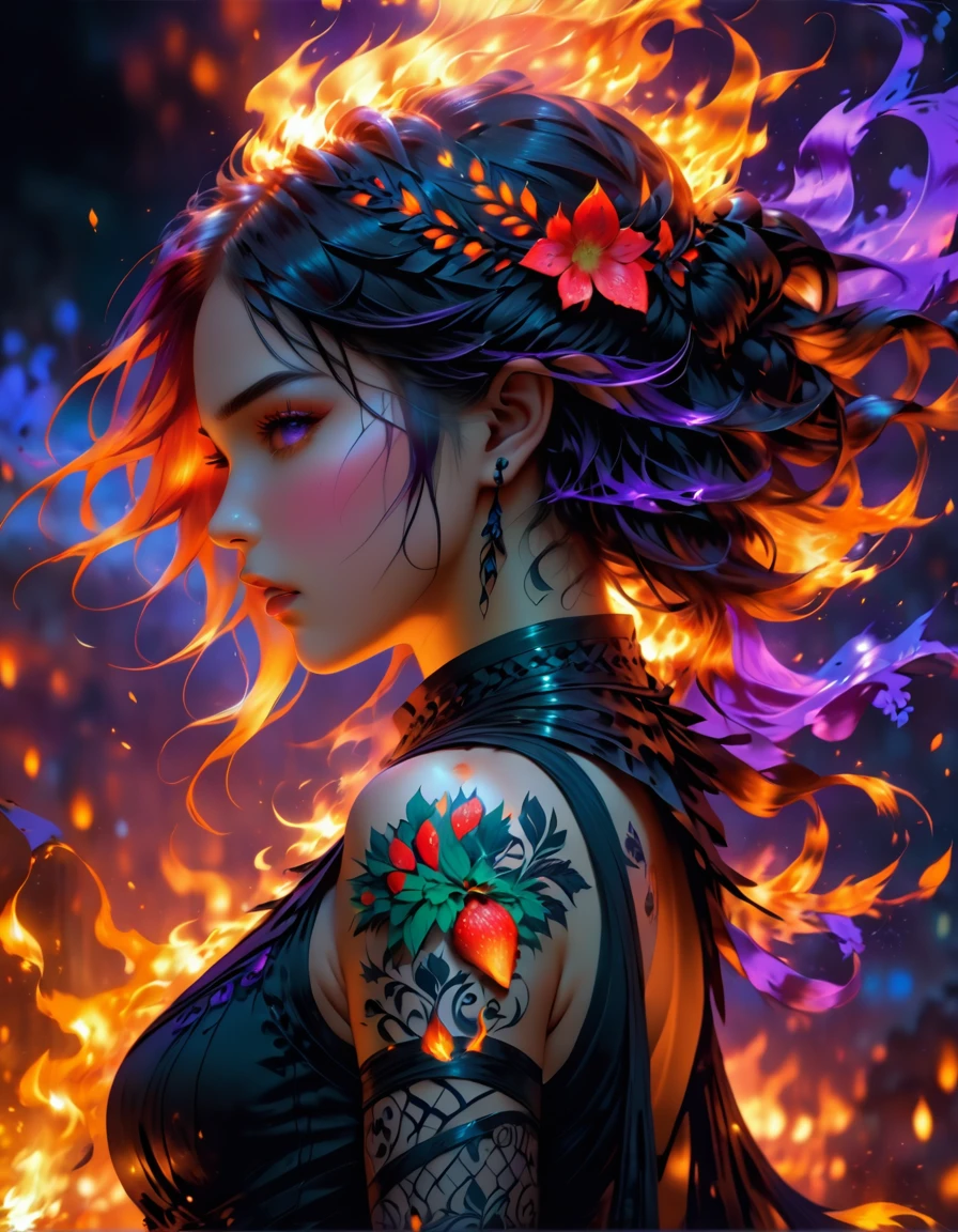Arafed, Dark fantasy art, fantasy art, goth art, a picture of a tattoo on the back of a female elf, a glowing tattoo of a ((strawberry: 1.3)) on the elf's back, the ((strawberry tattoo: 1.3)) is vivid, intricate detailed,  GlowingRunesAI_purple, ((fire surrounds the strawberry tattoo: 1.5)), shoot taken from the back, ((the back is visible: 1.3), she wears a transparent black dress, the dress is elegant, flowing, elven style, that the tattoos glow, dynamic hair color, dynamic hair style,  vibrant, Ultra-high resolution, High Contrast, (masterpiece:1.5), highest quality, Best aesthetics), best details, best quality, highres, 16k, (ultra detailed: 1.5), masterpiece, best quality, (extremely detailed) RAW, (ultra details, Masterpiece, best quality) faize, Digital Painting, 