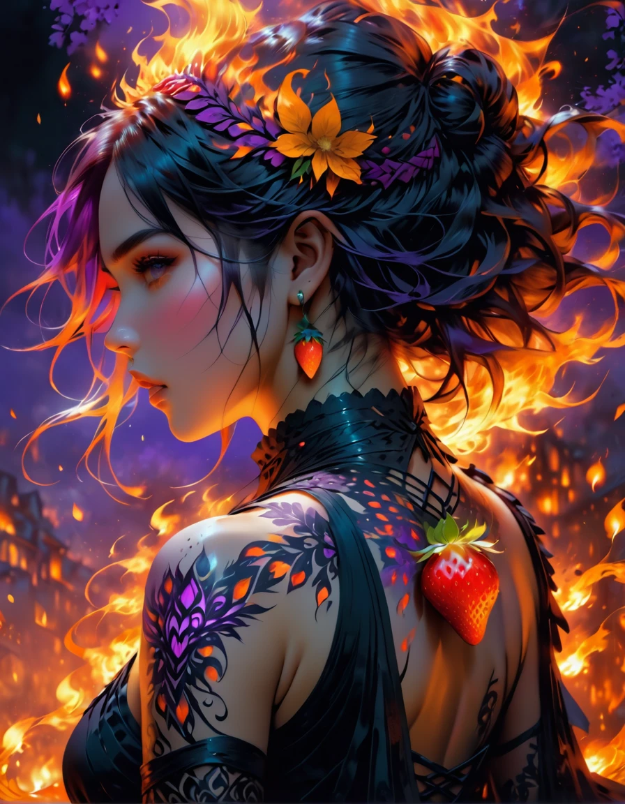 Arafed, Dark fantasy art, fantasy art, goth art, a picture of a tattoo on the back of a female elf, a glowing tattoo of a ((strawberry: 1.3)) on the elf's back, the ((strawberry tattoo)) is vivid, intricate detailed, GlowingRunesAI_purple, ((fire surrounds the strawberry: 1.5)), shoot taken from the back, ((the back is visible: 1.3), she wears a transparent black dress, the dress is elegant, flowing, elven style, that the tattoos glow, dynamic hair color, dynamic hair style, vibrant, Ultra-high resolution, High Contrast, (masterpiece:1.5), highest quality, Best aesthetics), best details, best quality, highres, 16k, (ultra detailed: 1.5), masterpiece, best quality, (extremely detailed) RAW, (ultra details, Masterpiece, best quality) faize, Digital Painting,