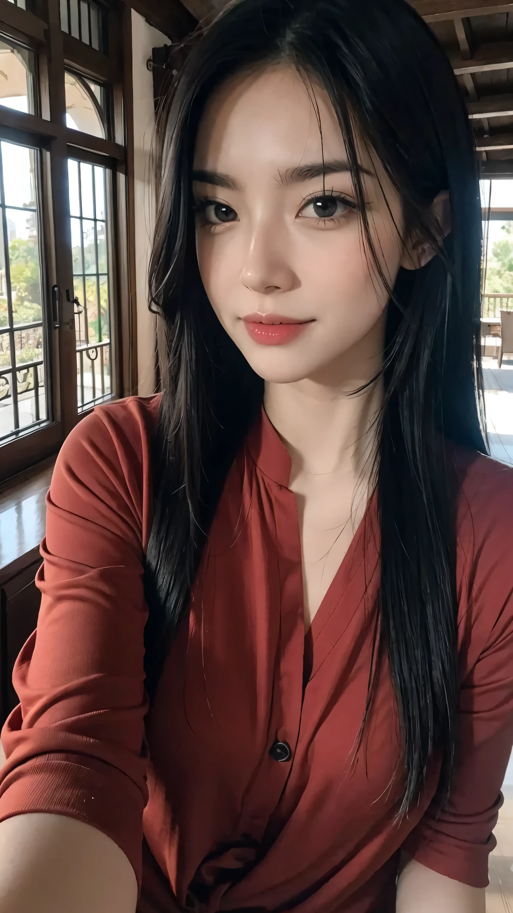 (selfie view), white Asian woman, (long black and purple hair), ((red outfit)), (detailed face), beautiful eyes, lips, nose, (detailed skin), beautiful facial features, (inside a parc), detailed furniture, natural lighting, high quality, ((photorealistic,extremely detailed) ,8k,masterpiece,bright colors, cinematic lighting, (no blurry)