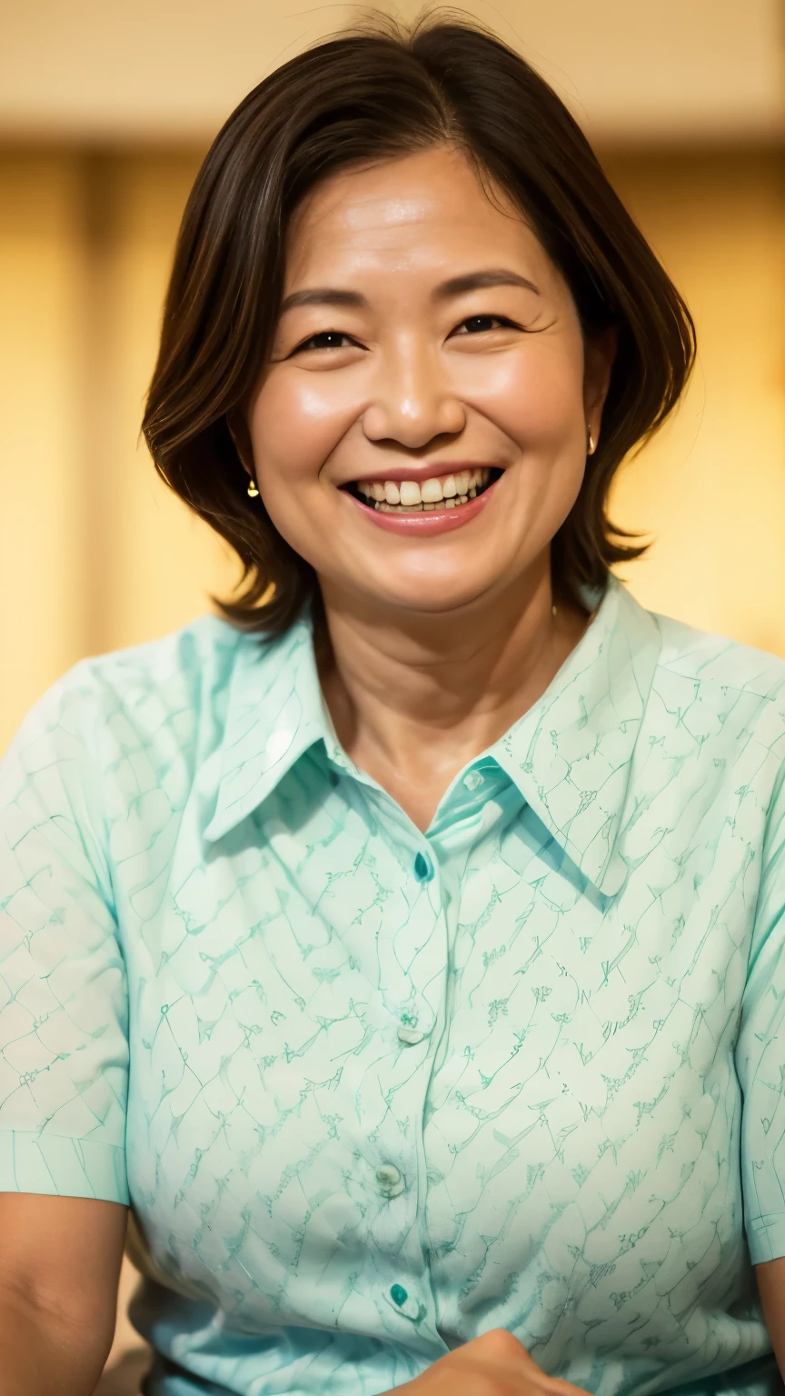 8k wallpaper, masterpiece, Highest quality, Very detailed, One Woman, 50 years old, Become very clear, Wearing a spring-like shirt, Skin dents, Captivating smile, Looking at the audience, , Plump, Curvaceous, Attractive face, Smiling with teeth showing, I was happy, sitting in a cafe, Background Blur