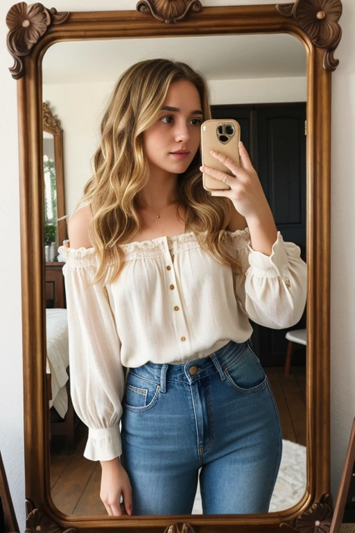 ((best quality)), ((masterpiece)), (detailed), 1girl, wavy blonde hair, shoulder length hair, freckles, brown eyes, flower blouse, jeans, mirror selfie, facing forward