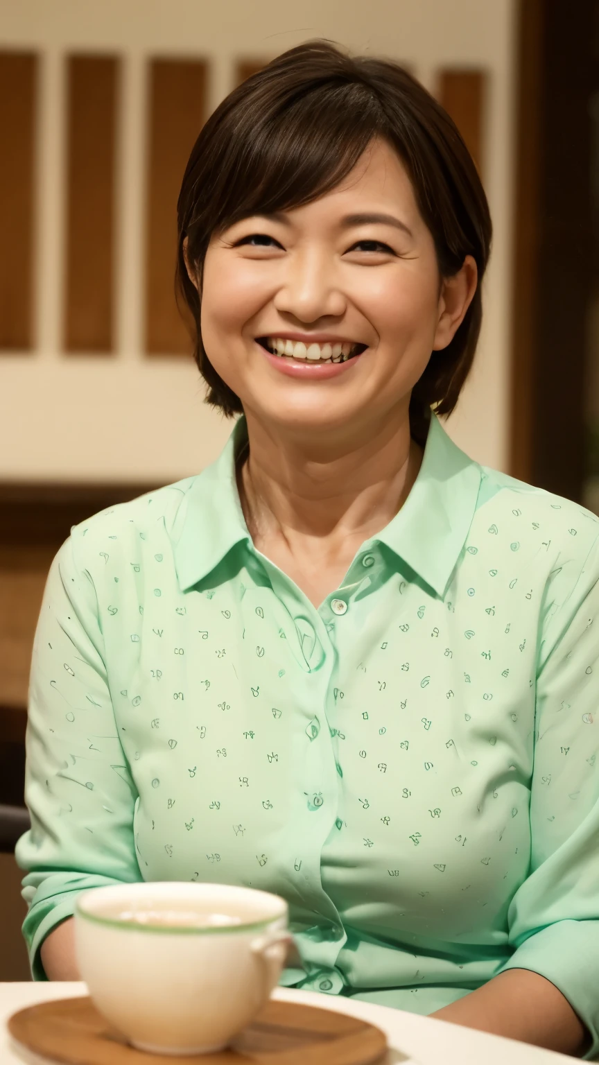 8k wallpaper, masterpiece, Highest quality, Very detailed, One Mature Woman, 50 years old, Become very clear, Wearing a spring-like shirt, Skin dents, Captivating smile, Looking at the audience, , Plump, Curvaceous, Attractive face, Smiling with teeth showing, I was happy, sitting in a cafe, Background Blur