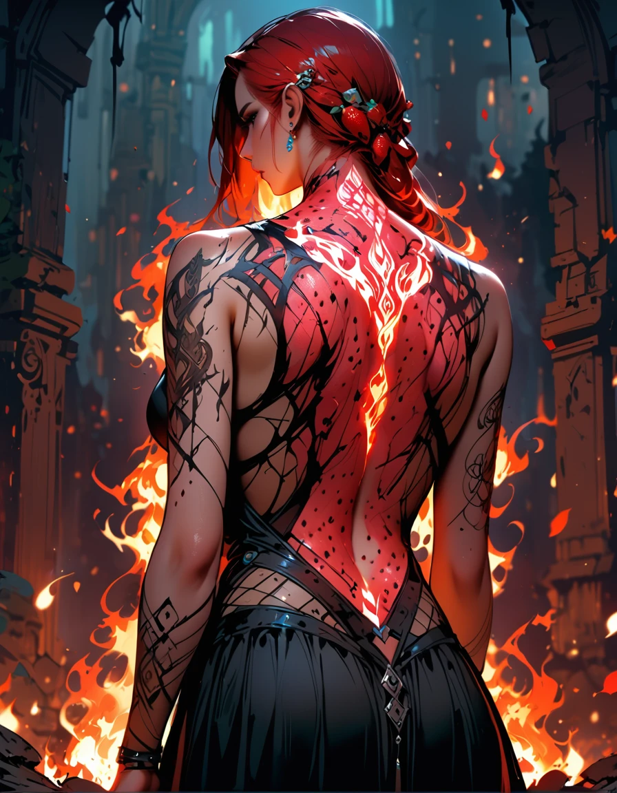 Arafed, Dark fantasy art, fantasy art, goth art, a picture of a tattoo on the back of a female elf, a glowing tattoo of a ((strawberry: 1.3)) on the elf's back, the ((strawberry tattoo)) is vivid, intricate detailed, GlowingRunesAI_red, ((fire surrounds the strawberry: 1.5)), shoot taken from the back, ((the back is visible: 1.3), she wears a transparent black dress, the dress is elegant, flowing, elven style, that the tattoos glow, dynamic hair color, dynamic hair style,  vibrant, Ultra-high resolution, High Contrast, (masterpiece:1.5), highest quality, Best aesthetics), best details, best quality, highres, 16k, (ultra detailed: 1.5), masterpiece, best quality, (extremely detailed) RAW, (ultra details, Masterpiece, best quality) faize, Digital Painting, 