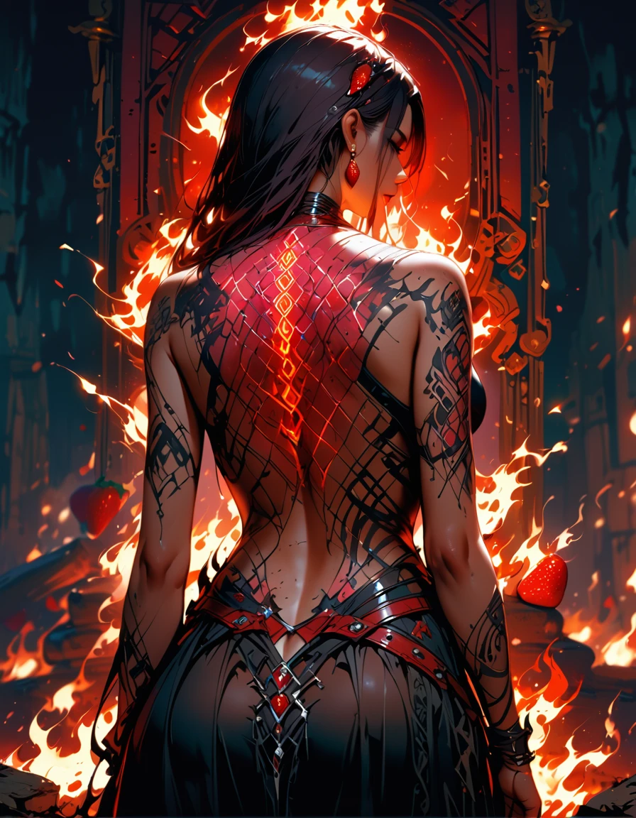 Arafed, Dark fantasy art, fantasy art, goth art, a picture of a tattoo on the back of a female elf, a glowing tattoo of a ((strawberry: 1.3)) on the elf's back, the ((strawberry tattoo)) is vivid, intricate detailed, GlowingRunesAI_red, ((fire surrounds the strawberry: 1.5)), shoot taken from the back, ((the back is visible: 1.3), she wears a transparent black dress, the dress is elegant, flowing, elven style, that the tattoos glow, dynamic hair color, dynamic hair style,  vibrant, Ultra-high resolution, High Contrast, (masterpiece:1.5), highest quality, Best aesthetics), best details, best quality, highres, 16k, (ultra detailed: 1.5), masterpiece, best quality, (extremely detailed) RAW, (ultra details, Masterpiece, best quality) faize, Digital Painting, 