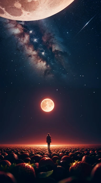 A red strawberry moon,Capture stunning details with a macro lens,The strawberry is the moon. The moon is the strawberry. There is a strawberry high up in the night sky. This is visually synonymous with outer space,people looking up at the moon,Surrounded by a starry night sky,Gives a feeling of aw,This image was created using a digital simulation of a soft brush,Completed in unison in a fascinating and mysterious sci-fi setting,A perfect blend of natural beauty and surreal aspects
