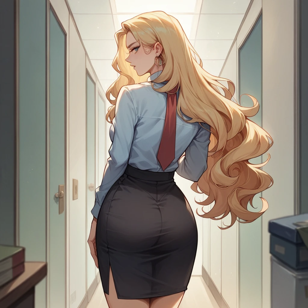 Beautiful woman, 25 years old, not very tall, long curly light blonde hair, slim waist, big tits, shapely and big hips. She wears a secretary's uniform with a tie, she walks in the office hallway, seen from behind