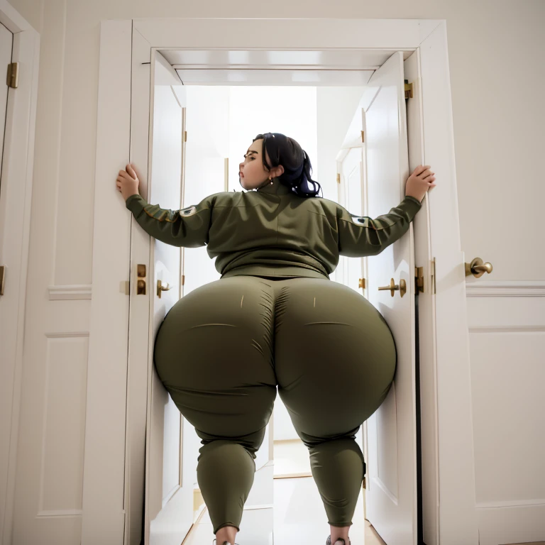 masterpiece, 1 Mexican girl behind a doorway, from behind, (doorstuck, stuckback:1.3), ssbbw ,huge wide hips, round belly, thick thighs, giant butt,colorful clothing, wearing a olive green  tracksuit with leggings, upset, desperately trying to wiggle through, she tries to free herself but she won't budge, she is stuck tight view from above, she is too wide, the doorway is quite narrow too, she kicks her legs furiously, trying to wiggle her hips through the small door, but its no good, the door is too small, she keeps trying to squeeze through with frustration, she is stuck too tight