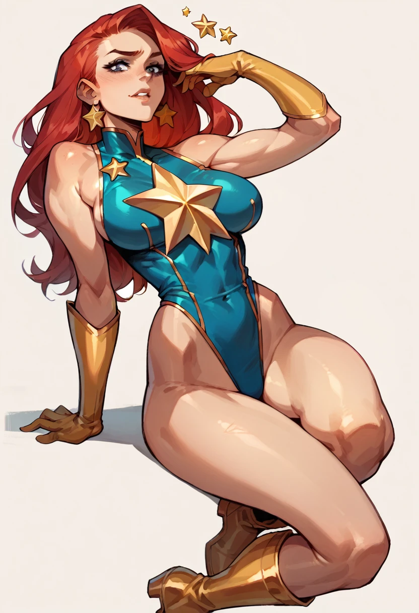 masterpiece, Sexy, Superheroine, Red hair, long hair, busty, ((blue highleg leotard with a t-back thong and a gold star insignia on chest)), gold boots, gold gloves,