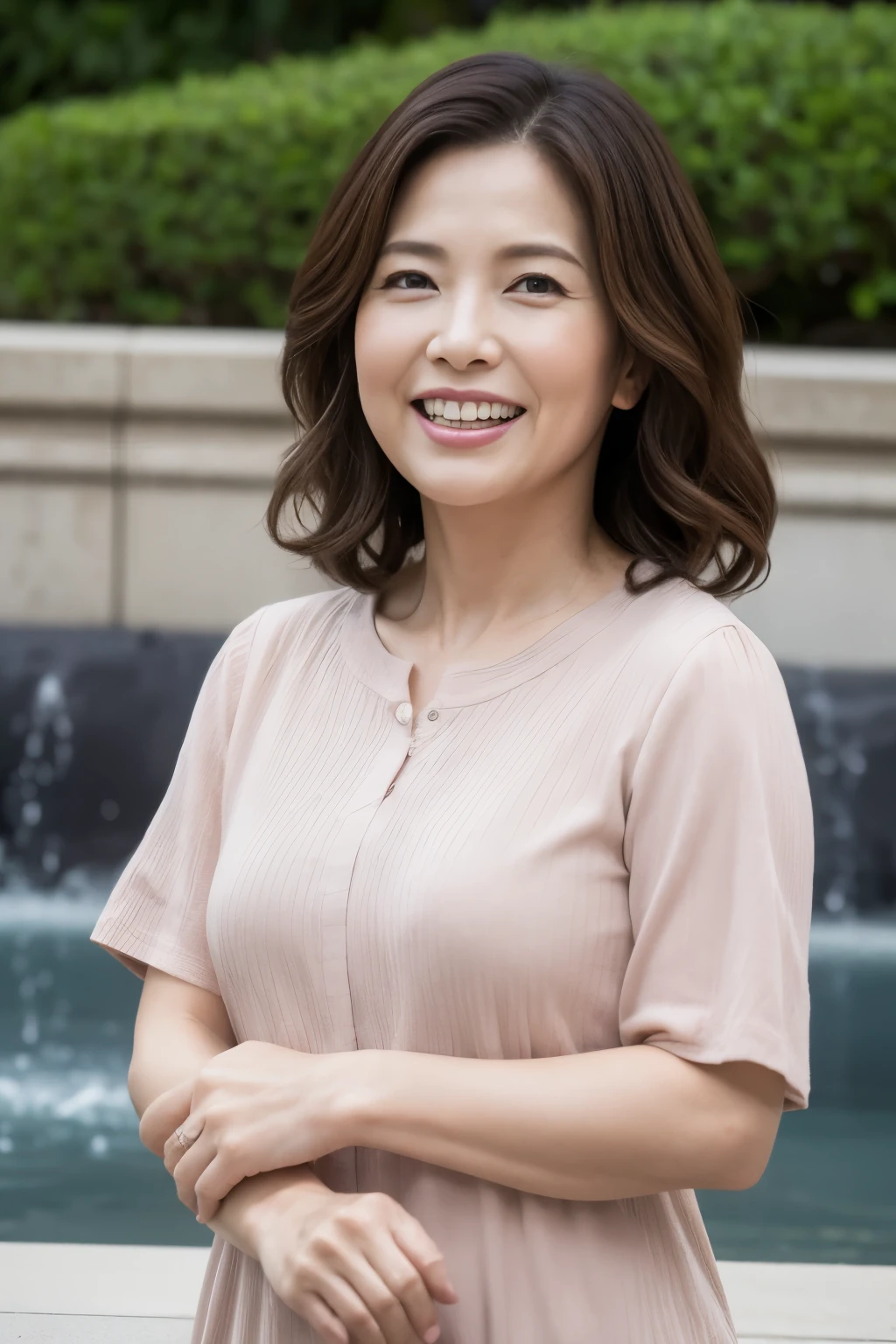 最high quality, In 8K, whole body, Real, Upper Body, high quality, High resolution, Detailed face, Detailed eyes, Thick lips, (Look at the viewers), alone, Middle-aged women, , 60 years old, , Wavy Hair, , Wearing short sleeves, Standing in front of a fountain, Wrinkles around the eyes, Smiling with teeth showing, Background Blur