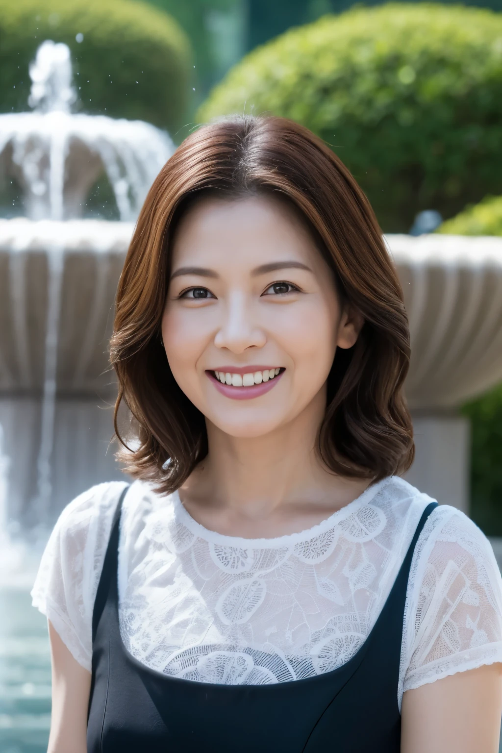 最high quality, In 8K, whole body, Real, Upper Body, high quality, High resolution, Detailed face, Detailed eyes, Thick lips, (Look at the viewers), alone, Middle-aged women, , 60 years old, , Wavy Hair, , Wearing short sleeves, Standing in front of a fountain, Wrinkles around the eyes, Smiling with teeth showing, Background Blur