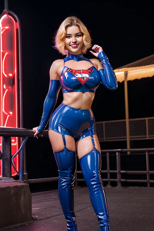 Plump beauty、American Comic Hero、Strong standing、、Latex bloomers、Latex sports bra style、Gloss、Cleavage、High leg、Knee-high boots、night、ruins、smile、sexy、Masterpiece、High definition、high resolution、Like the picture、、4K resolution、Wavy short hair、blonde、Red、blue、