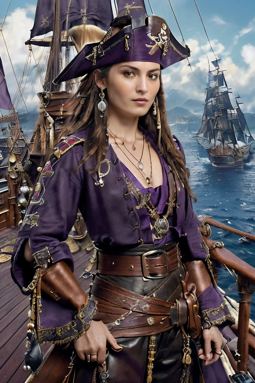 ((best quality)), ((masterpiece)), (detailed),(top-quality、masterpiece、8K、Top image quality、SFW)、one female pirate、female pirate captain、(Fascinating medieval European pirate costume:1.3)、(A very intricately rendered classic pirate costume:1.5)、(Detailed depiction of numerous accessories:1.3)、(Complex necklaces、complex badges、Intricate accessories on a leather belt:1.5)、(Describe in detail the structure of a perfect pirate ship:1.5)、(Complex and realistic pirate ship interior:1.5)、(Background of a deck with a large dark purple sail、There is a large sail on the deck of the ship.、Depicting complex ship deck backgrounds in detail、Perfect sense of being on a pirate ship:1.7)、(Perfectly reproduce the classic and classical atmosphere:1.5)、(intricate corset、giant cloak、The most majestic pirate captain's intricate costume:1.5)、(Classic and majestic pirate captain costume:1.5)、(she is in the center of the pirate ship、She is on the center deck of the pirate ship:1.5)、(spectacular movie lighting、Vivid sunset、spectacular beautiful sunset、Sunset Sea、Big sunset:1.3)、(Cinematic depiction、Classic and intricate depiction of a pirate ship:1.3)、(View me、Brown hair、Very Long curly brown hair、A slight smile、beautiful smiling face、photo of her from the waist up:1.5), light tan skin