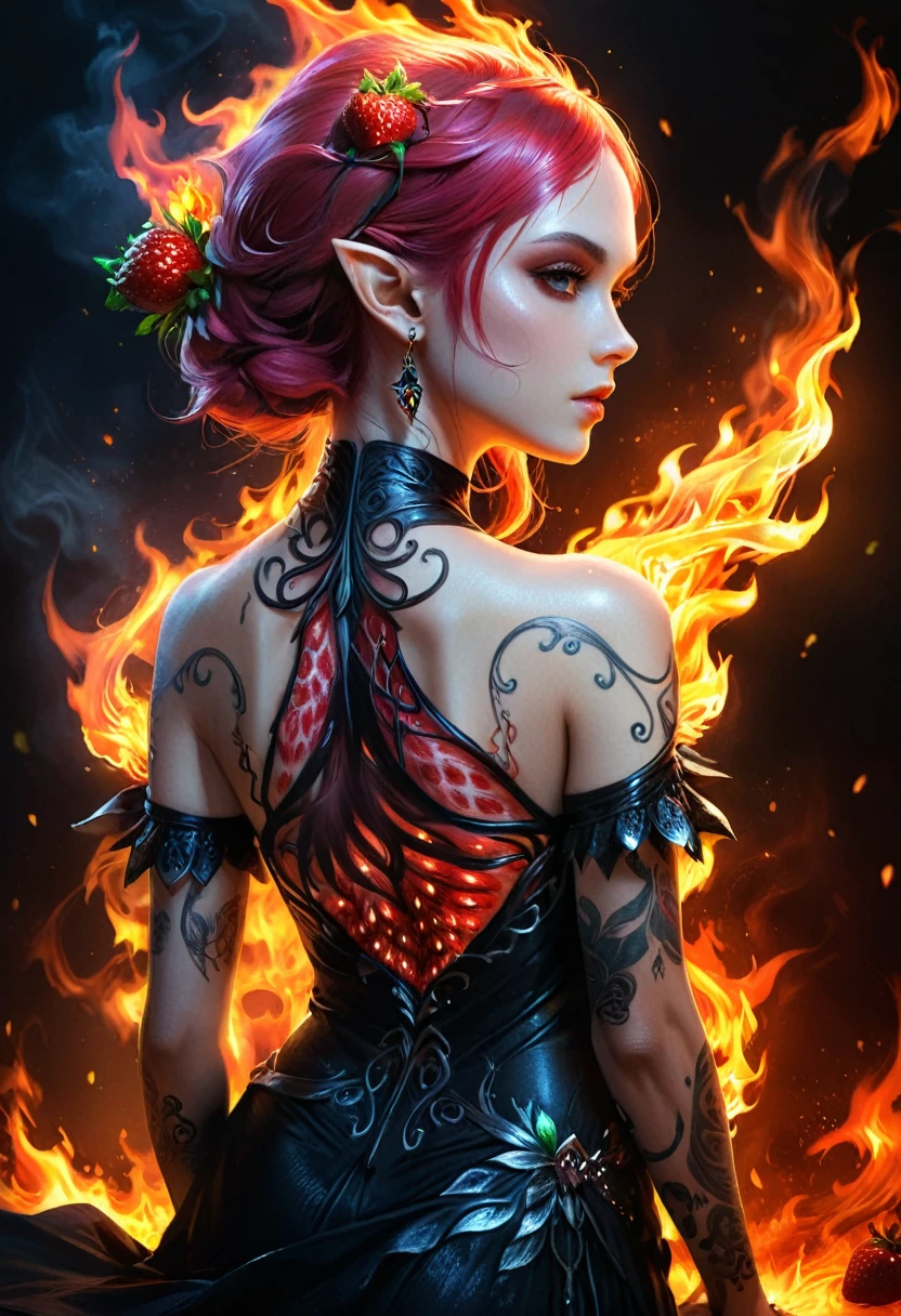 Arafed, Dark fantasy art, fantasy art, goth art, a picture of a tattoo on the back of a female elf, a glowing tattoo of a ((strawberry: 1.3)) on the elf's back, the ((strawberry tattoo)) is vivid, intricate detailed GlowingRunesAI_red, ((fire surrounds the strawberry: 1.5)), shoot taken from the back, ((the back is visible: 1.3), she wears a transparent black dress, the dress is elegant, flowing, elven style, that the tattoos glow, dynamic hair color, dynamic hair style, vibrant, Ultra-high resolution, High Contrast, (masterpiece:1.5), highest quality, Best aesthetics), best details, best quality, highres, 16k, (ultra detailed: 1.5), masterpiece, best quality, (extremely detailed) RAW, (ultra details, Masterpiece, best quality) faize, Digital Painting,