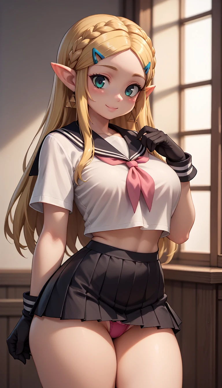 High resolution, Very detailed, perfect lighting, beautiful detailed eyes, ((masterpiece,Best Quality)), absurdities, alone, princess zelda, by the width, crown braid, Hair clip, pointy ears, Gloves without fingers, black gloves, smile, curves, nod, , deep neckline, deep neckline, black school uniform with white details,short skirt, visible underwear, pink thong, black uniform, tight clothes