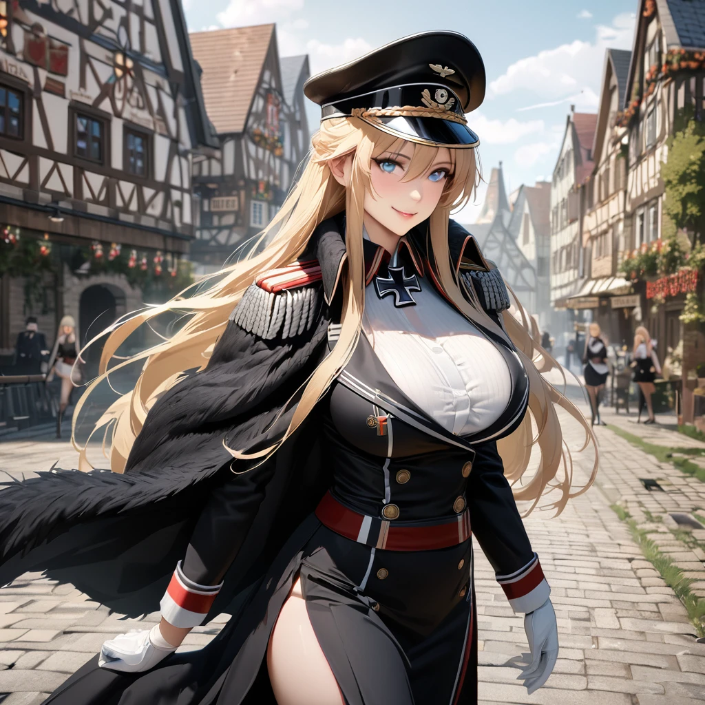 (KMS Bismarck, Azur Lane), wearing black military uniform, blonde hair, long hair, ice blue eyes, black skirt, black fur cape with white details, standing posture, black military hat with iron cross, walking on a concrete sidewalk in a garden , traditional German town in the background, German houses in the background, smiling, big breasts. .UHD, masterpiece, accurate, anatomically correct, textured skin, super detail, high quality, best quality, 8k, high resolution, bokeh effect.(solo woman),white gloves, realistic, close view.
