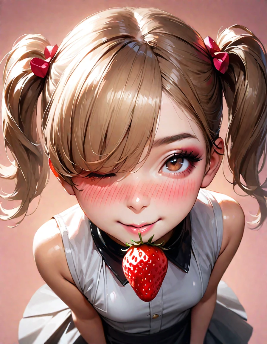 Highest quality, masterpiece, Ultra-high resolution, Realistic:1.2, RAW Photos, Intricate details, Portraiture, Big beautiful brown eyes:1.2, Perfect contours, Perfect proportions:1.2, One Girl, break ((Close-up of the mouth:1.2, from above:1.2, (front shot:1.2), (looking up:1.2))), ((petite, short, tiny girl:1.2)), Light Brown Hair、((twintails:1.2)), (makeup:1.2, full lips:1.3, pink lips:1.3, shiny lips:1.3), (Trying to eat a strawberry:1.2、kiss a strawberry), (Hold a strawberry in front of your mouth:1.2), (High-end sleeveless shirt:1.2, Tight Skirt:1.2), break (Close one eye、Embarrassed look:1.2)、((small smile:1.2))、 (Background: Company、A few colleagues)
