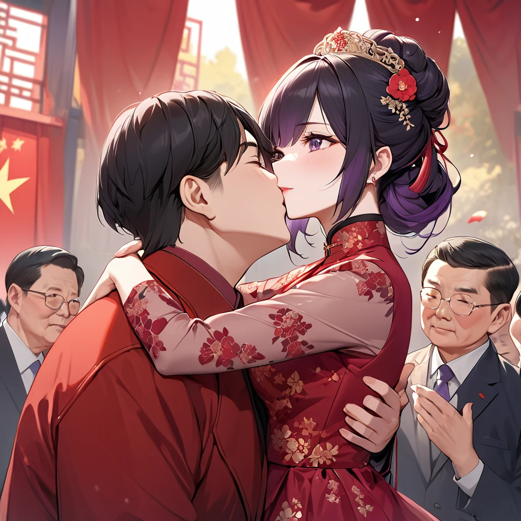 ((Highest quality)), ((masterpiece)), (detailed), (Perfect Face)、The woman is a Chinese woman named Kocho Shinobu.。, Purple gradient bob black hair and formal evening hairstyles. She is wearing an engagement ring. She is a prominent member of the Chinese Communist Party.、She is the wife of a great old Communist Party official.、The woman is wearing a gorgeous red wedding dress that is typical of the Chinese Communist Party.、She is seen hugging and kissing a dignified elderly Communist Party official in a loving wedding ceremony.。