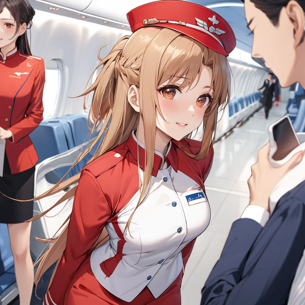 ((Highest quality)), ((masterpiece)), (detailed), (Perfect Face)、The woman is Yuuki Asuna, a flight attendant for Shandong Airlines, a Chinese woman with light brown, medium-long hair.、The woman is wearing a red Shandong Airlines flight attendant uniform, a uniform scarf and a uniform hat.、She is wearing the bright red uniform that is so typical of China.、Flight attendants were photographed gathering in a line.