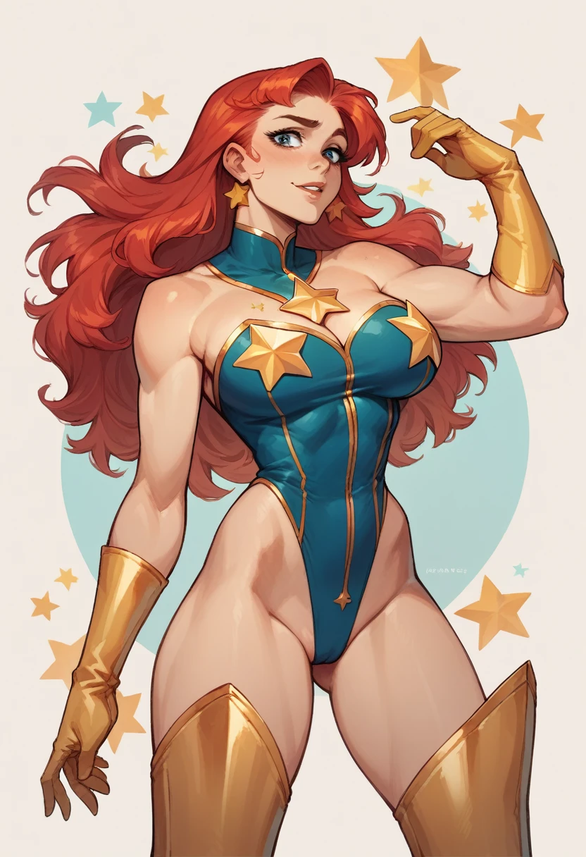 masterpiece, Sexy, Superheroine, Red hair, long hair, busty, ((blue highleg leotard with a t-back thong and a gold star insignia on chest)), gold boots, gold gloves,