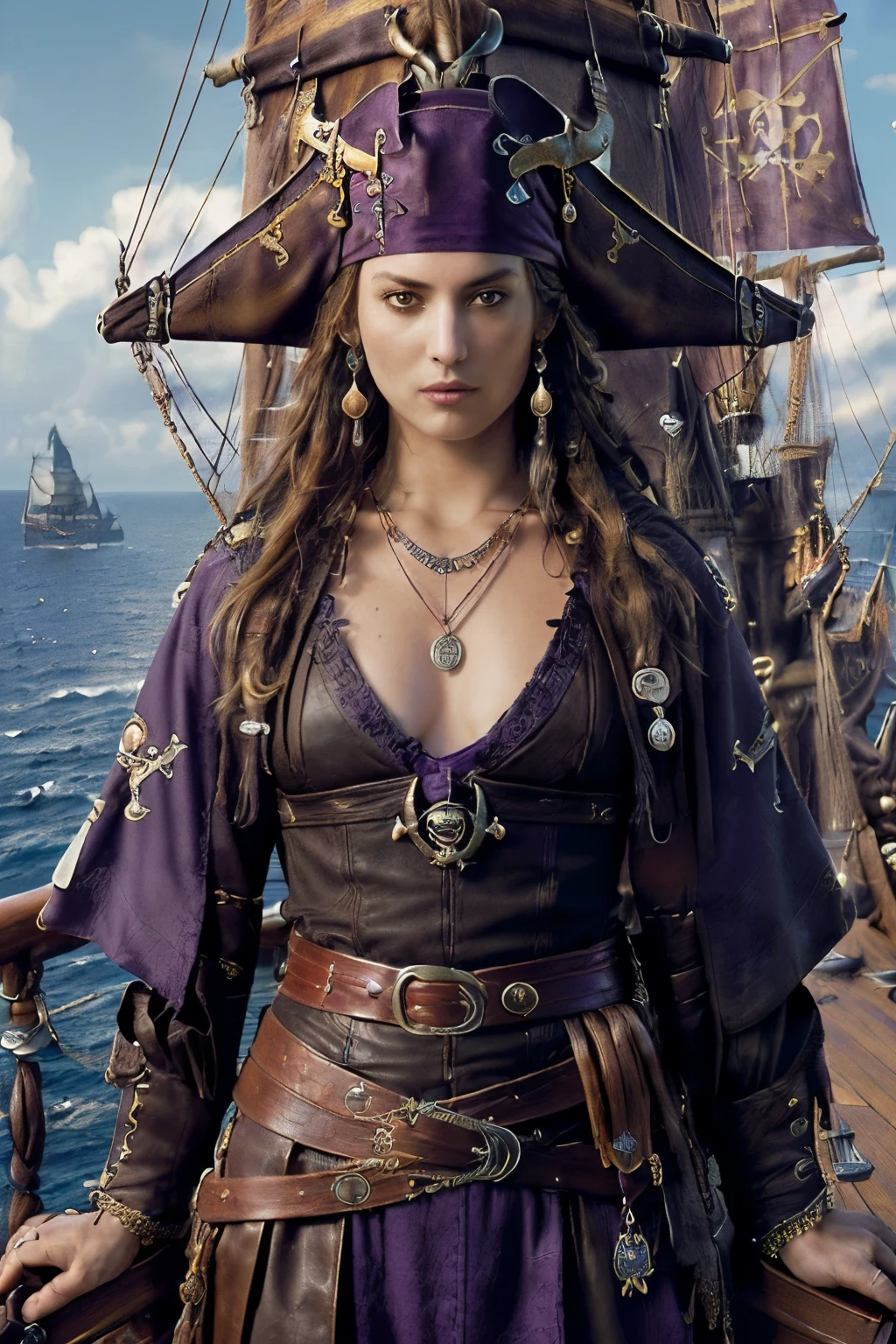 ((best quality)), ((masterpiece)), (detailed),(top-quality、masterpiece、8K、Top image quality、SFW)、one female pirate、female pirate captain、(Fascinating medieval European pirate costume:1.3)、(A very intricately rendered classic pirate costume:1.5)、(Detailed depiction of numerous accessories:1.3)、(Complex necklaces、complex badges、Intricate accessories on a leather belt:1.5)、(Describe in detail the structure of a perfect pirate ship:1.5)、(Complex and realistic pirate ship interior:1.5)、(Background of a deck with a large dark purple sail、There is a large sail on the deck of the ship.、Depicting complex ship deck backgrounds in detail、Perfect sense of being on a pirate ship:1.7)、(Perfectly reproduce the classic and classical atmosphere:1.5)、(intricate corset、giant cloak、The most majestic pirate captain's intricate costume:1.5)、(Classic and majestic pirate captain costume:1.5)、(she is in the center of the pirate ship、She is on the center deck of the pirate ship:1.5)、(spectacular movie lighting、Vivid sunset、spectacular beautiful sunset、Sunset Sea、Big sunset:1.3)、(Cinematic depiction、Classic and intricate depiction of a pirate ship:1.3)、(View me、Brown hair、Very Long curly brown hair、A slight smile、beautiful smiling face、photo of her from the waist up:1.5), light tan skin