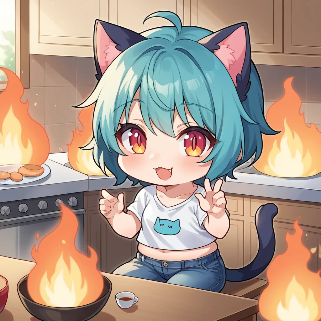 source_anime, score_9, score_8_up, BREAK a (chibi:1.2) 1girl sitting on a kitchen on (fire:1.35), cat ears, shirt, jeans, table, smile