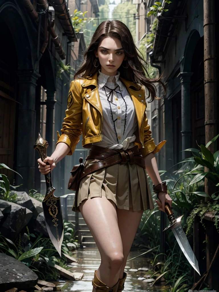 A woman with long brown hair, a determined expression on her exquisite face, a tall and muscular physique, a cropped top that exposes her waist, a yellow leather jacket with rolled-up sleeves, sturdy wooden forearm guards, two ribbons are elegantly tied around her right arm, a short skirt with a small tool pouch around her waist, a dagger is strapped to her thigh, rough cloth boots, her right hand holds a massive cleaver, standing in a fantasy-style wilderness city, this character embodies a finely crafted fantasy-style bounty hunter in anime style, exquisite and mature manga art style, high definition, best quality, highres, ultra-detailed, ultra-fine painting, extremely delicate, professional, anatomically correct, symmetrical face, extremely detailed eyes and face, high quality eyes, creativity, RAW photo, UHD, 8k, Natural light, cinematic lighting, masterpiece-anatomy-perfect, masterpiece:1.5