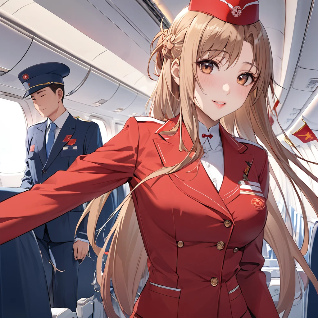 ((Highest quality)), ((masterpiece)), (detailed), （Perfect Face）、The woman is a Chinese flight attendant for Air China, named Yuuki Asuna, with light brown, medium-long hair.、The woman is wearing the red uniform of an Air China flight attendant.、The woman is an honorable special flight attendant reserved for members of the Chinese Communist Party.