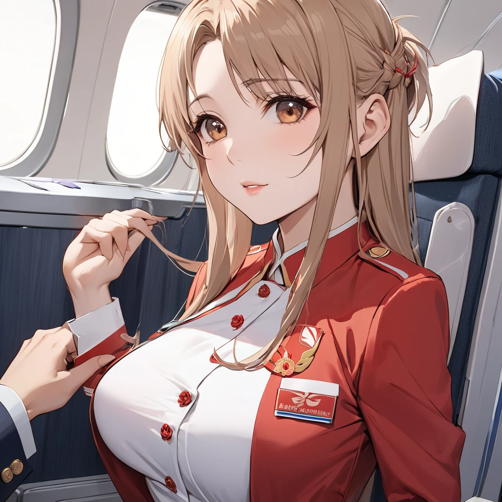 ((Highest quality)), ((masterpiece)), (detailed), （Perfect Face）、The woman is a Chinese flight attendant for Air China, named Yuuki Asuna, with light brown, medium-long hair.、The woman is wearing the red uniform of an Air China flight attendant.、The woman is an honorable special flight attendant reserved for members of the Chinese Communist Party.